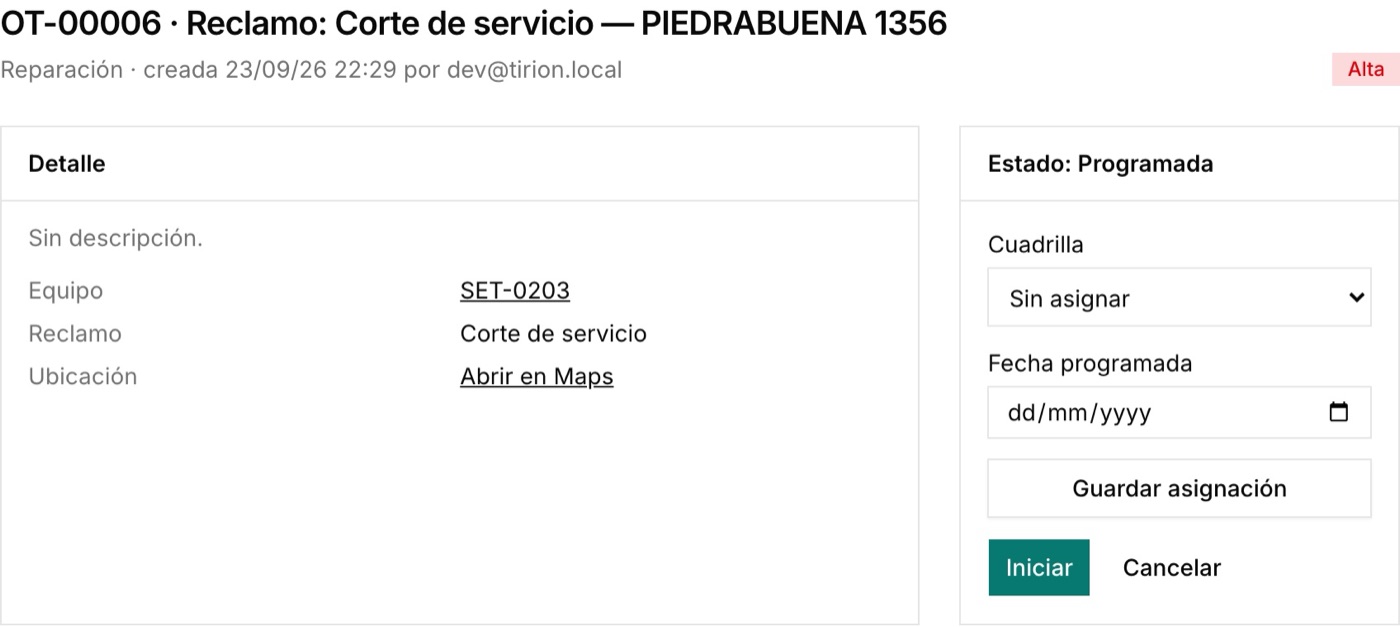 Orden de trabajo por corte de servicio, con cuadrilla y fecha programada