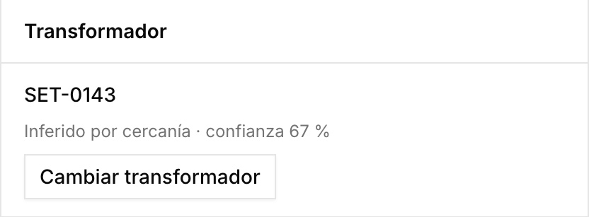 Transformador asignado a un suministro, inferido por cercanía con confianza del 67 %